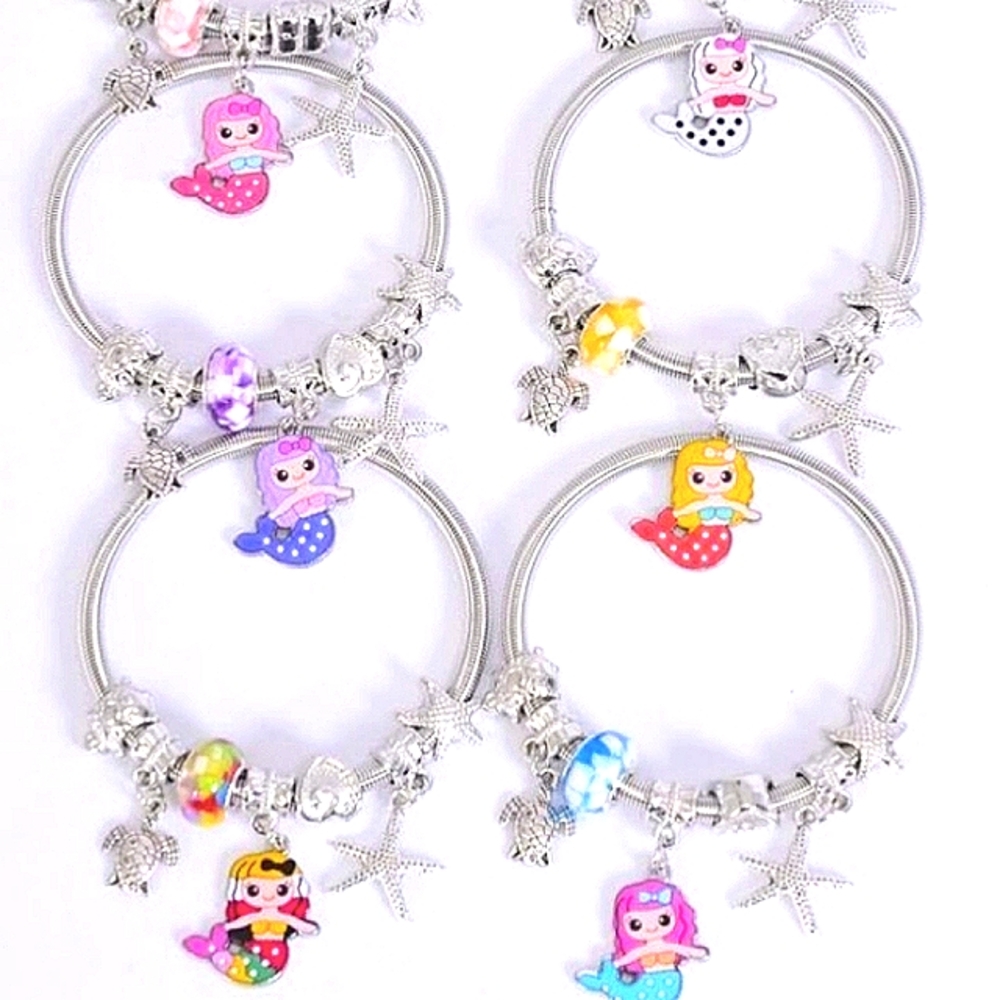 Mermaid Stretch Metallic Silver Bracelet Pink w various charms. NEW in pkg Cute!